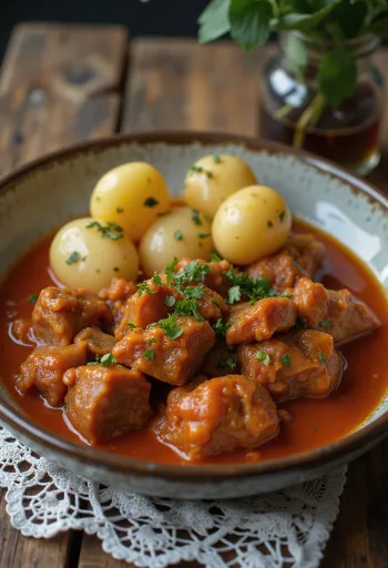 Mutton stew served with fresh bread and pickles