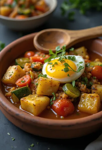 Classic Alboronía, rich flavours, garnished with fresh coriander