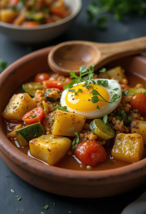 Classic Alboronía, rich flavours, garnished with fresh coriander