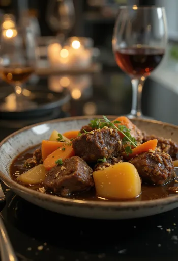 Antelope stew with vegetables served in a rustic bowl.