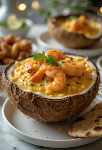 Daab Chingri prawns with garam masala, served with coconut milk and fresh coriander