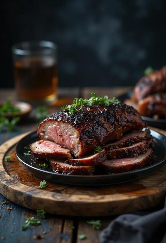 Smoked BBQ wild boar leg served