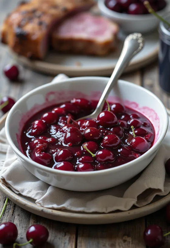 Fresh sour cherry sauce with whole cherries, flavoured with cinnamon and cloves
