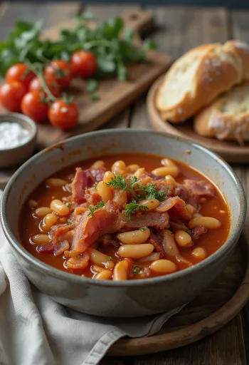 Rich minestrone soup served with smoked bacon, pasta and vegetables