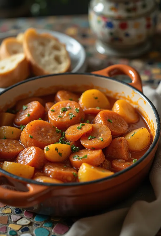 Potato paprikash with juicy potato chunks, smoked sausage, sprinkled with fresh parsley