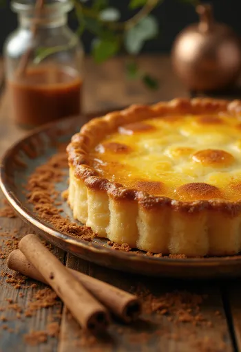 Portuguese pastel de nata cake with golden brown top and vanilla filling