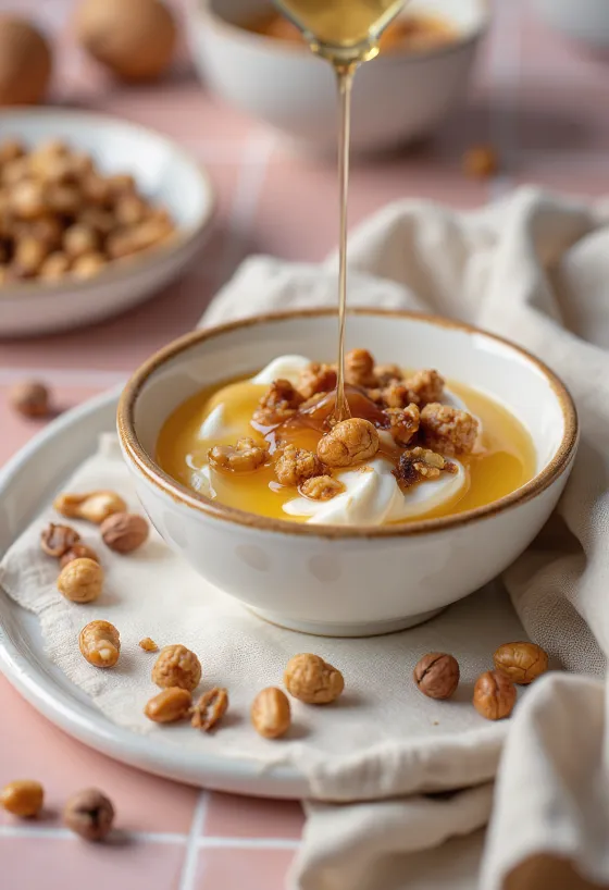 Probiotic roasted hazelnut yoghurt served with roasted hazelnuts and honey