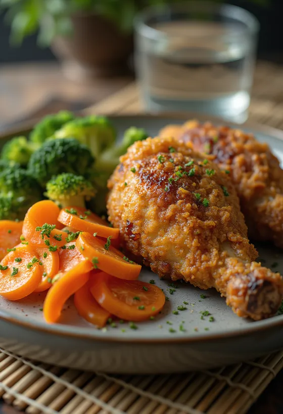 Breaded duck leg served with vegetables