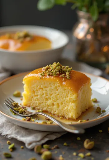 Revani with cardamom, syrup-soaked semolina cake cut into squares