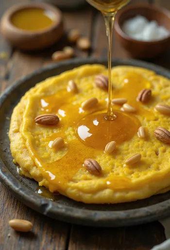 Sfouf pancake, Lebanese turmeric pancake served with honey and pine nuts