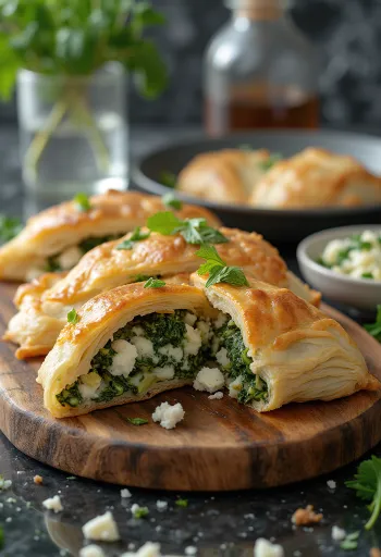Spanakopita with pastry, golden brown crispy pastry with rich spinach filling