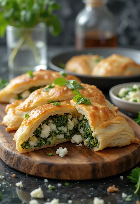 Spanakopita with pastry, golden brown crispy pastry with rich spinach filling