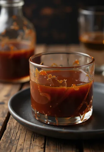 Bourbon BBQ sauce in a bowl with fresh herbs and grill meats in background.