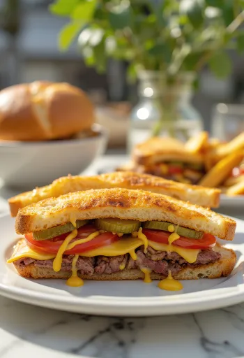 Bauru with mustard, mouth-watering sandwich with roast beef, cheese and mustard