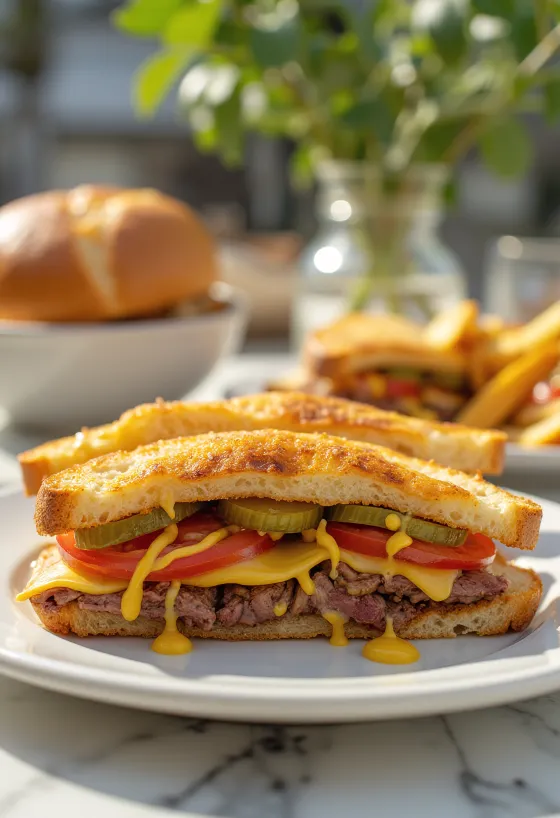 Bauru with mustard, mouth-watering sandwich with roast beef, cheese and mustard