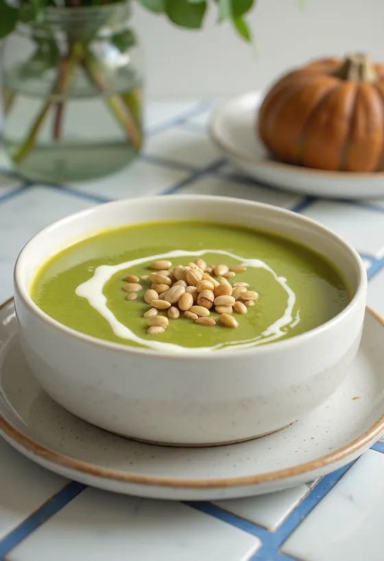 Creamy courgette soup with toasted seeds served