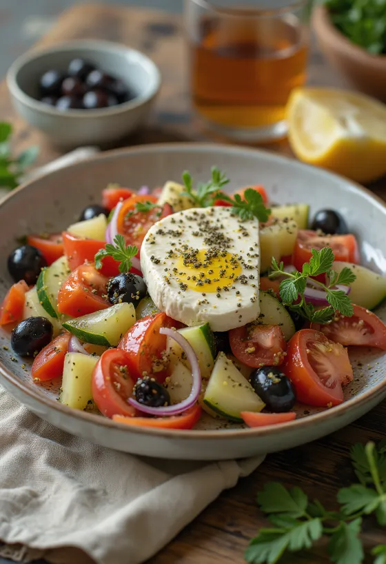 Fresh Greek salad with feta cheese, olives and juicy tomatoes