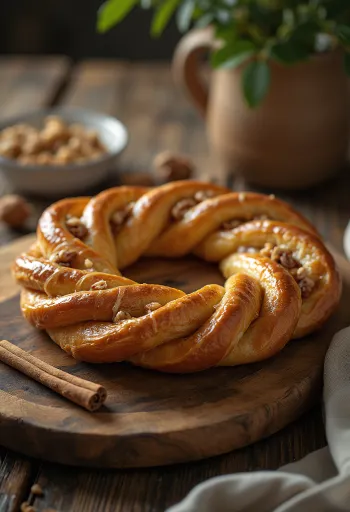 Wholemeal Kringle in a braided shape, served baked golden brown