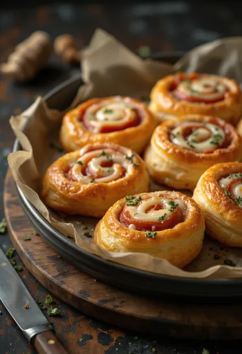 Freshly baked pizza scroll filled with melted cheese and tomato sauce, served on a plate.