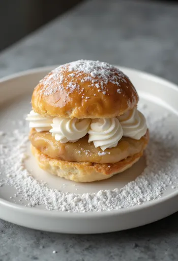 Classic Semla with marzipan, cream bun sprinkled with icing sugar in rustic serving