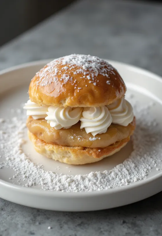 Classic Semla with marzipan, cream bun sprinkled with icing sugar in rustic serving