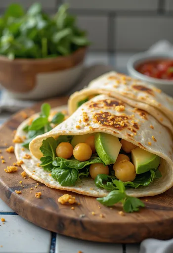 Spinach wrap served with chickpeas, avocado and fresh vegetables