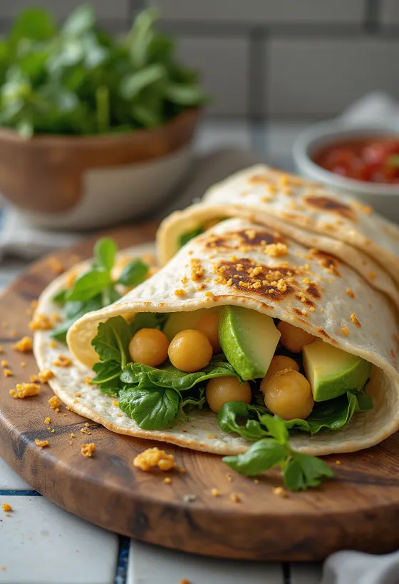 Spinach wrap served with chickpeas, avocado and fresh vegetables