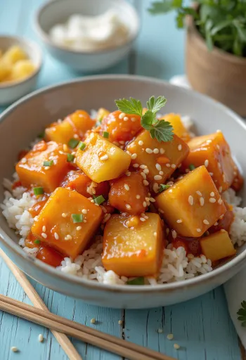 Fried tofu with sweet and sour sauce, peppers and pineapple