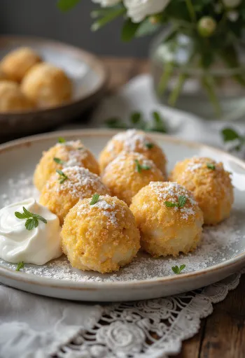 Soft curd cheese dumplings sprinkled with sweet sour cream and toasted breadcrumbs.