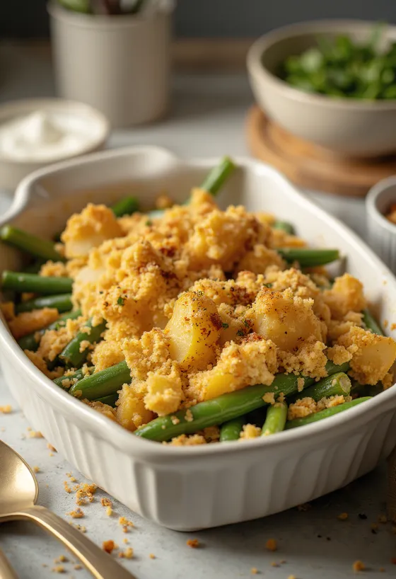 Vegan green bean and potato bake served