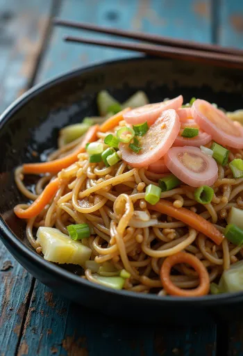 Yakisoba with vegetables, fried noodles served with colourful vegetables