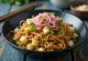 Yakisoba with vegetables, fried noodles served with colourful vegetables