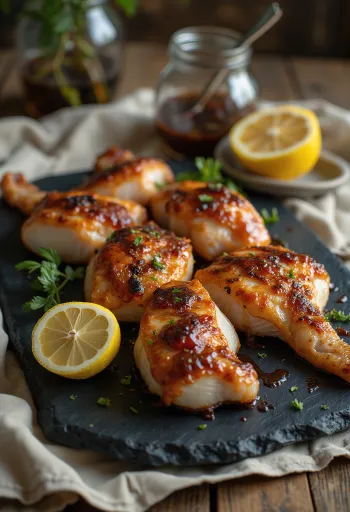 Barbecued rattlesnake served on a wooden platter with barbecue sauce.