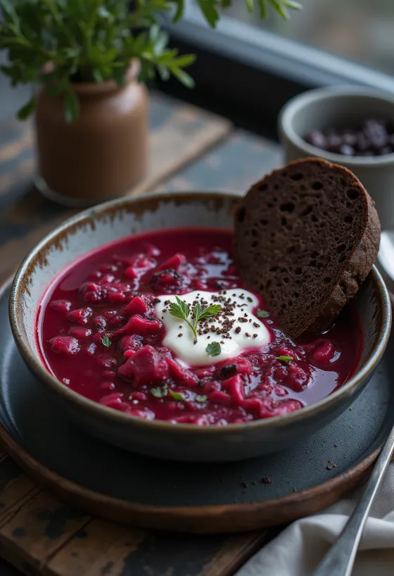 Traditional borscht soup with beetroot, carrots and served with sour cream.