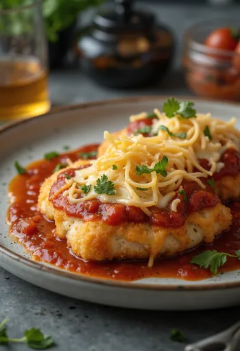 Chicken parmigiana served with pasta and fresh basil