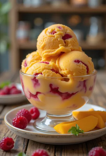 Mango raspberry ice cream served