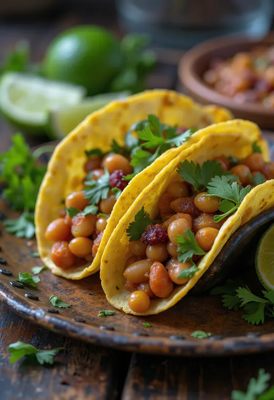 Mexican vegan bean tacos with avocado and lime