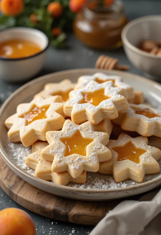 Honey Linzer biscuits dusted with icing sugar, filled with jam