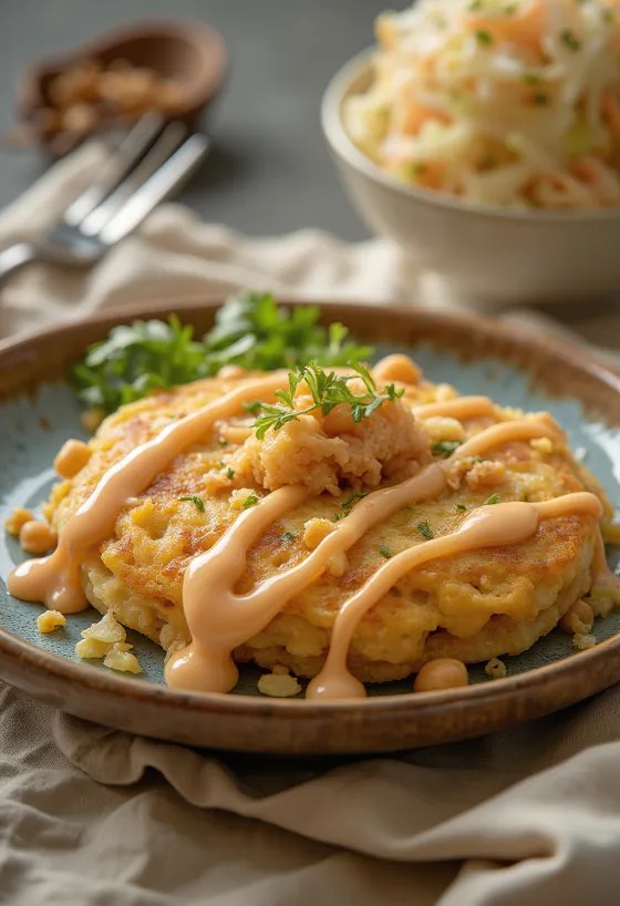 Chickpea Okonomiyaki, evenly cooked, served with fresh cabbage and chickpeas