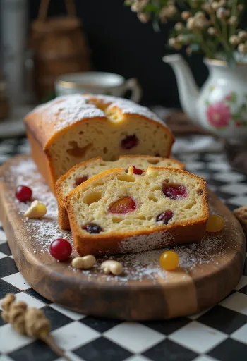 Bishop's bread sliced, with raisins, walnuts, and candied fruits
