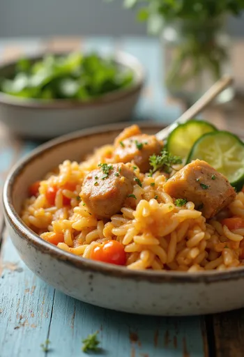 Pork and rice stew prepared richly with juicy pork and vegetables.