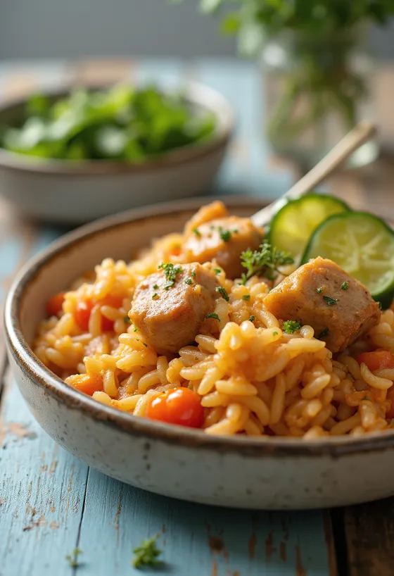 Pork and rice stew prepared richly with juicy pork and vegetables.