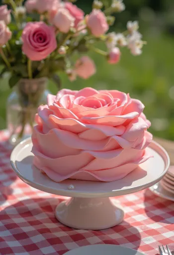 Rose shaped cake with pink and green fondant decoration