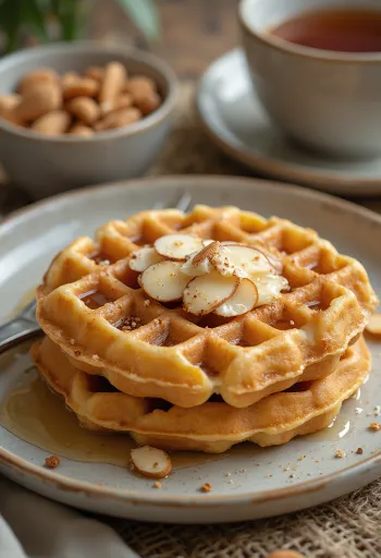 Rosewater and almond waffles served with flaked almonds
