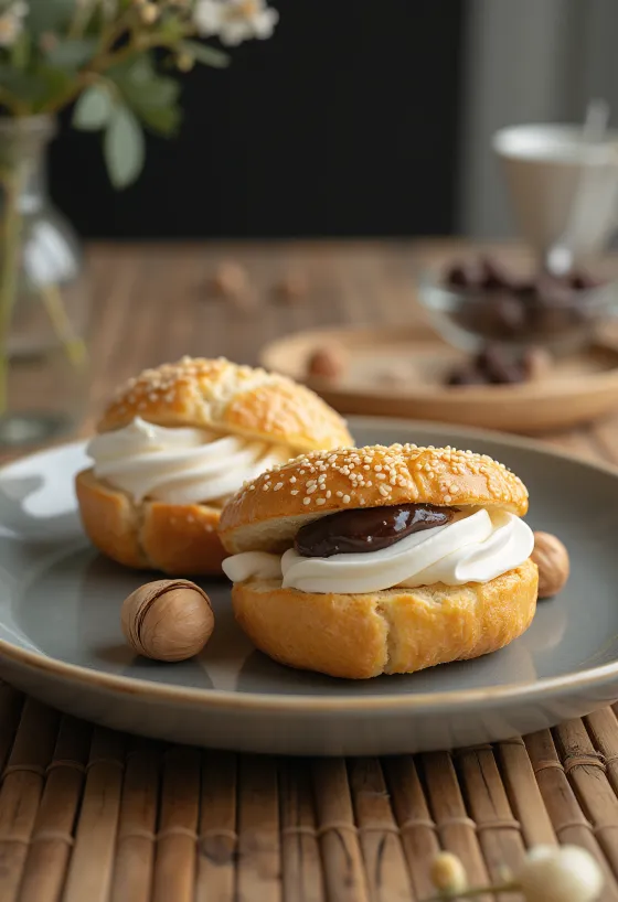 Hazelnut cream Semla, served with fluffy filling and dusted with icing sugar