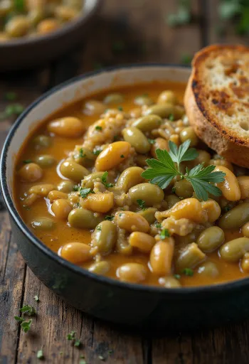 Green bean stew in thick sour cream sauce, sprinkled with fresh dill