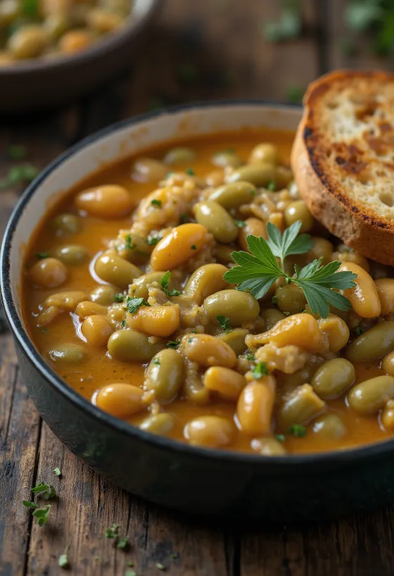Green bean stew in thick sour cream sauce, sprinkled with fresh dill