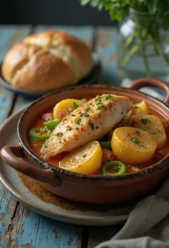 Pot of Caldeirada de peixe fish stew with potatoes and peppers