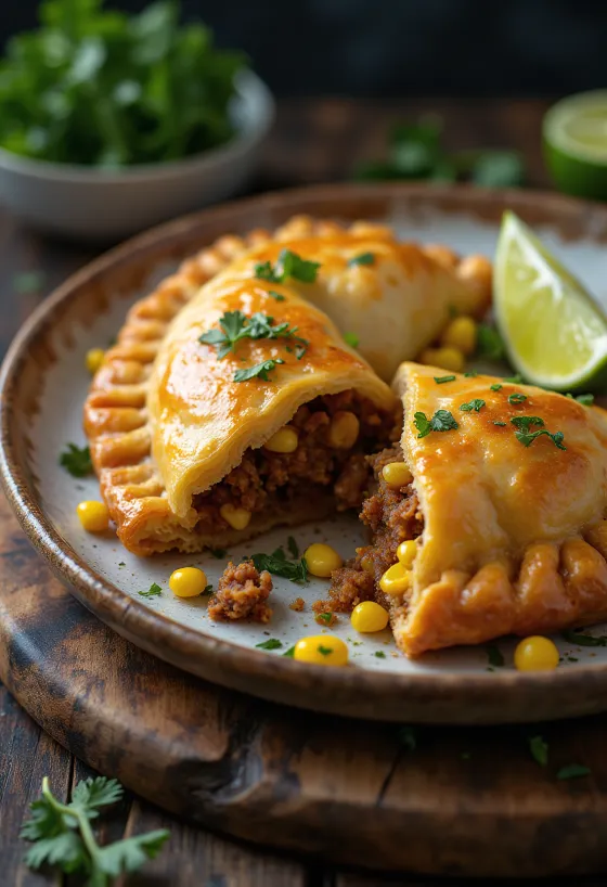 Mexican style Cornish pasty served with fresh coriander and lime juice