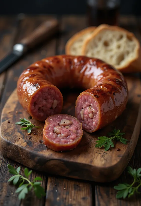 Smoked sausage sliced, served with fresh bread and peppers.